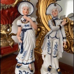 White and blue ceramic Victorian Figures